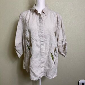 Sag Harbor Women's Blouse Linen 3/4 Roll Tab Sleeve Ecru Size M Embroidered‎